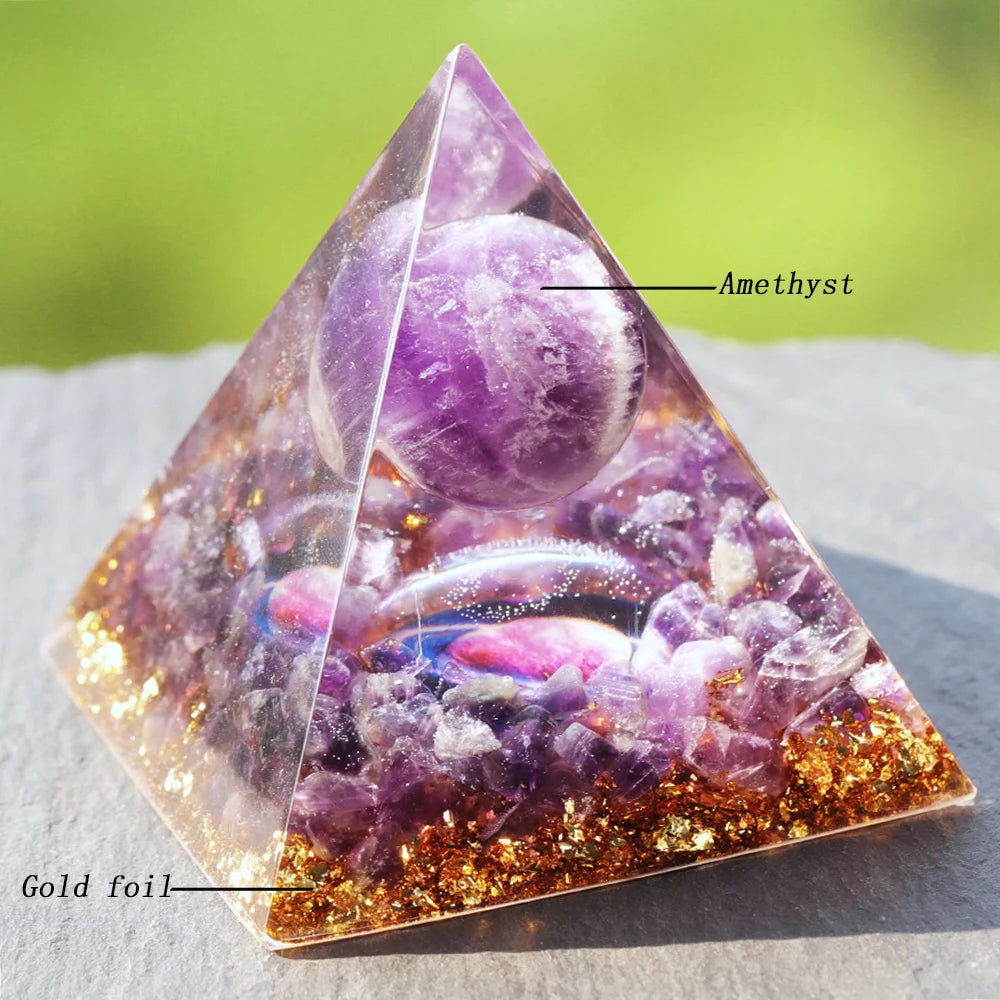 Natural Amethyst Pyramid Orgonite, Glow in the dark