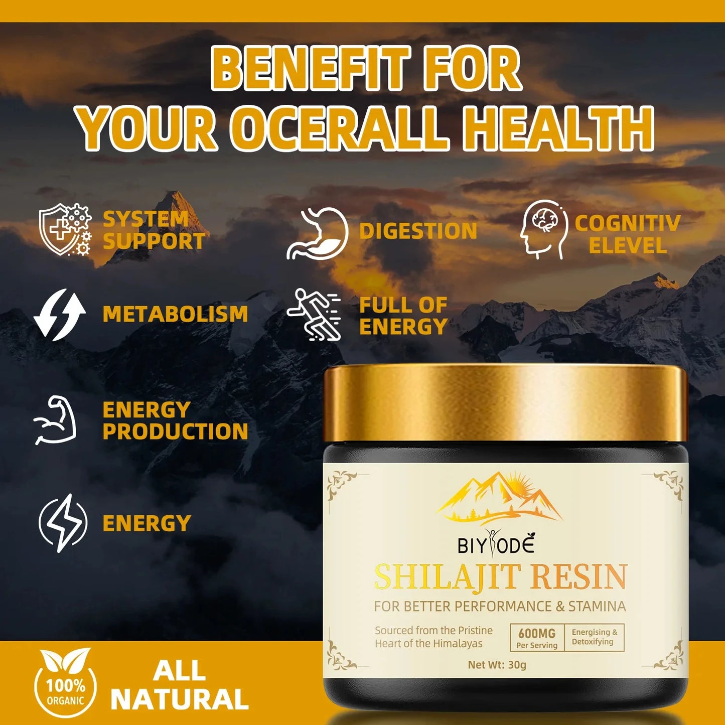 BIYODE Himalayan 100% Pure Shilajit with Fulvic Acid & 85+ Trace Minerals Complex for Energy With Spoon 30g Resin